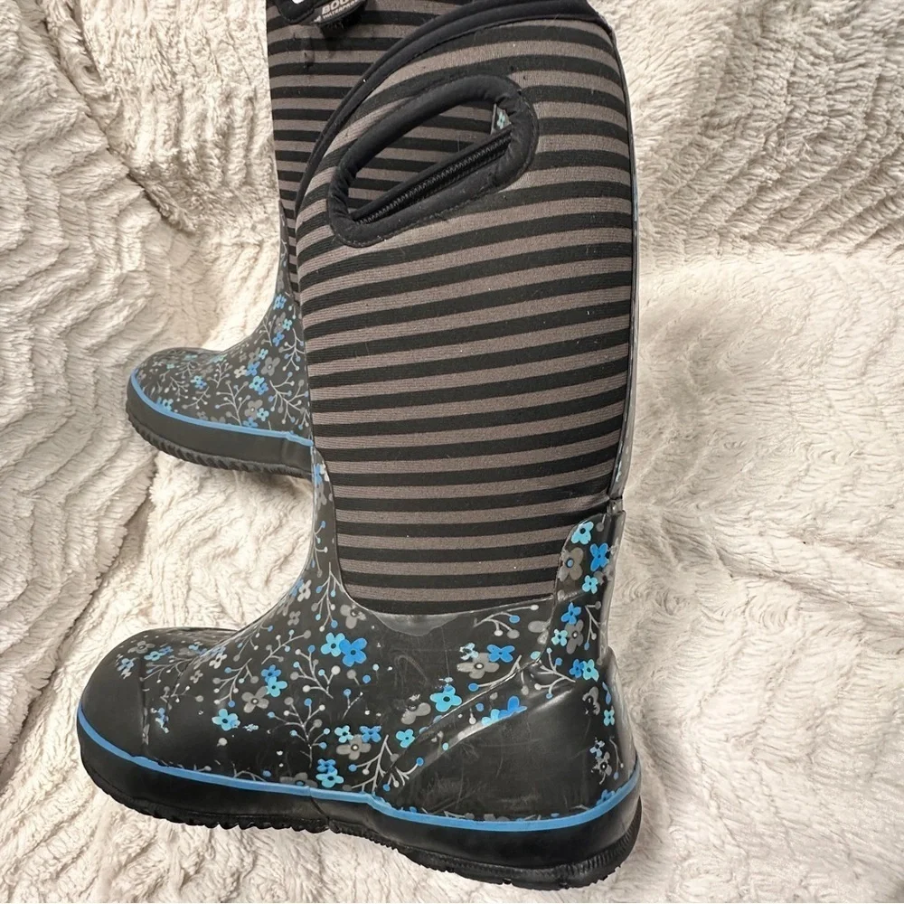 Bogs Classic High Flower Stripe Waterproof Winter Rain Boot Black Blue Youth 5